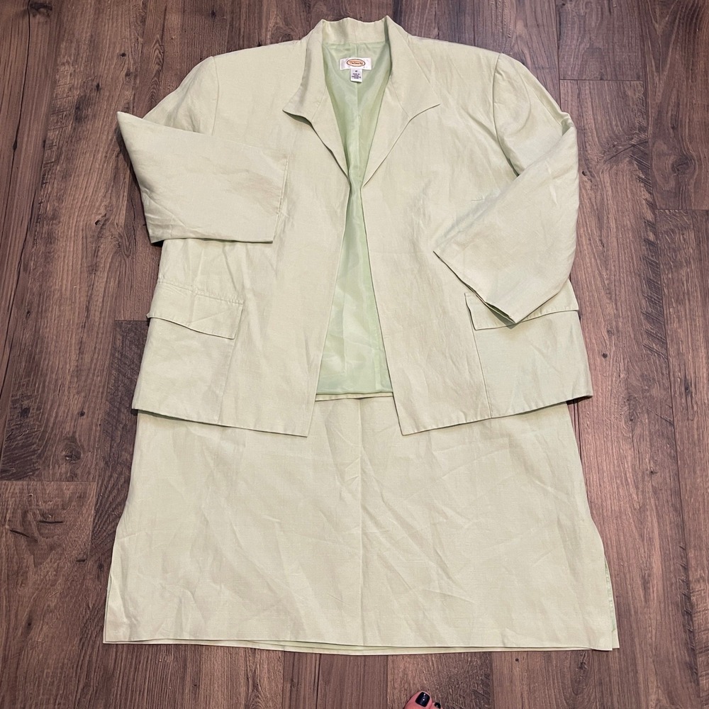 Talbots Womens 16 Sage Green Silk Linen Skirt Suit Set 3/4 Sleeve Blazer 2 Piece